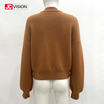 JCVISION Autumn Winter Brown V-Neck LongSleeve Zipper Women